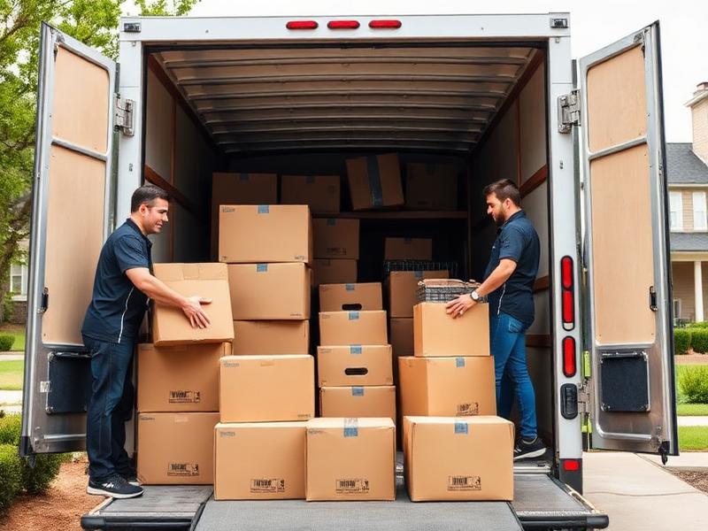 Packed household boxes arranged inside a moving truck